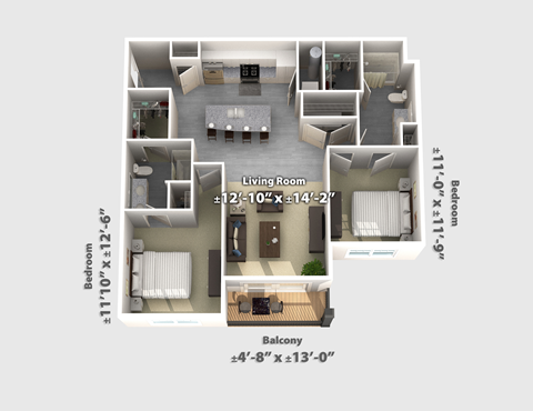 Floor plan for 2 beds, 2 baths, 1083 sqft